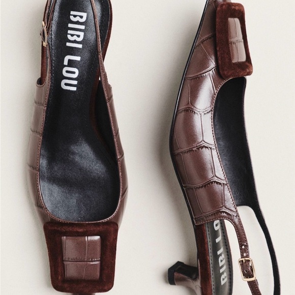 Anthropologie Bibi Lou Chocolate Brown Slingback Kitten Heels with Buckle - Picture 2 of 5